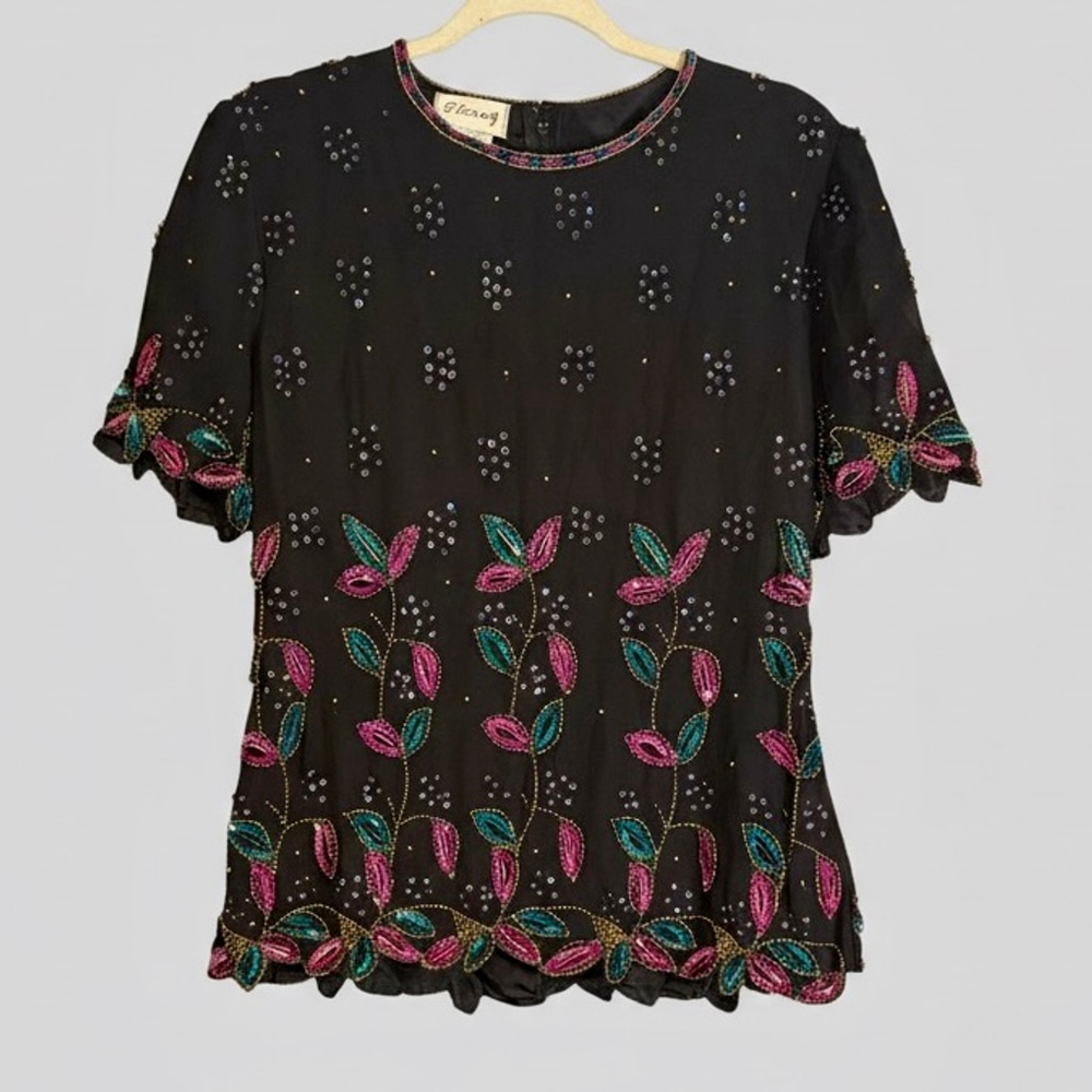 Stenay Silk Beaded Sequin Top Vtg 100% Silk Black Floral Embellished Blouse Med